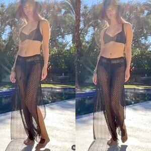 BECCA Lace Crochet See Through Split Leg Swim Cover Up Pants in Black Size M